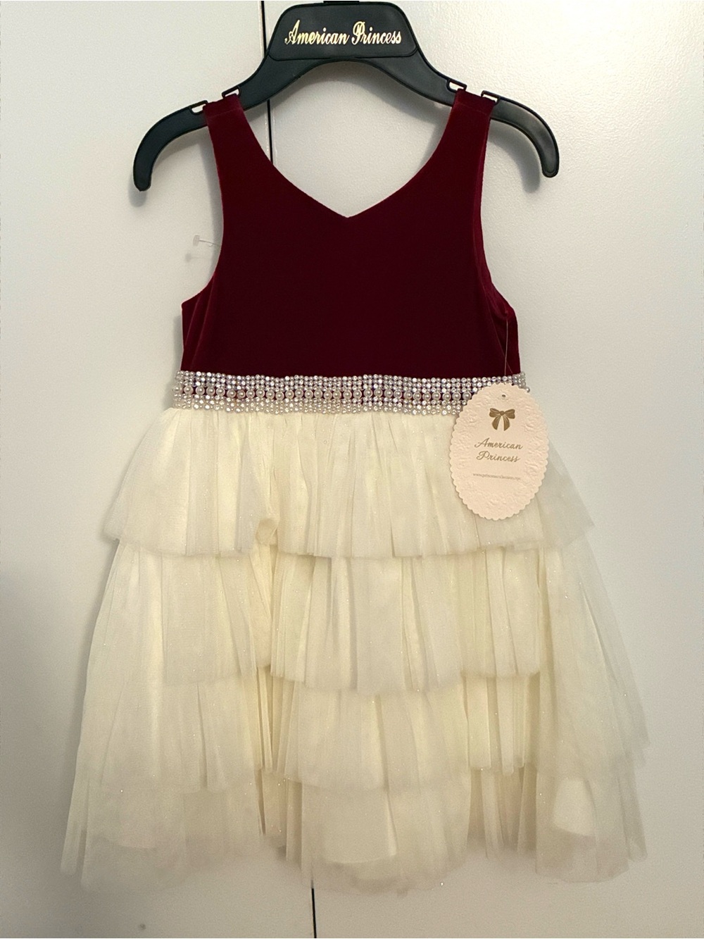 American Princess Red Velvet Bodice with Ivory Tiered Tulle Skirt